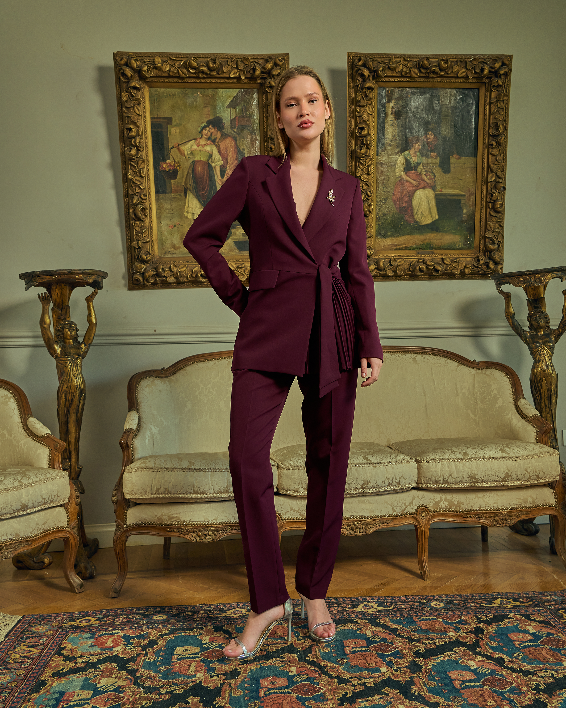 The Majestic Plum Pleated Wrap Suit