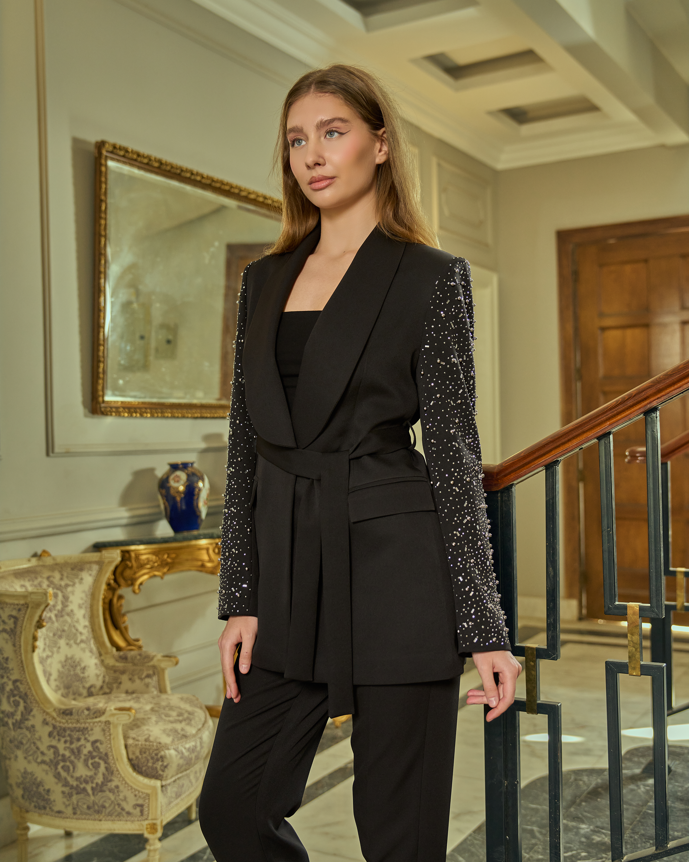 Crystalline Detail Belted Evening Suit — 19