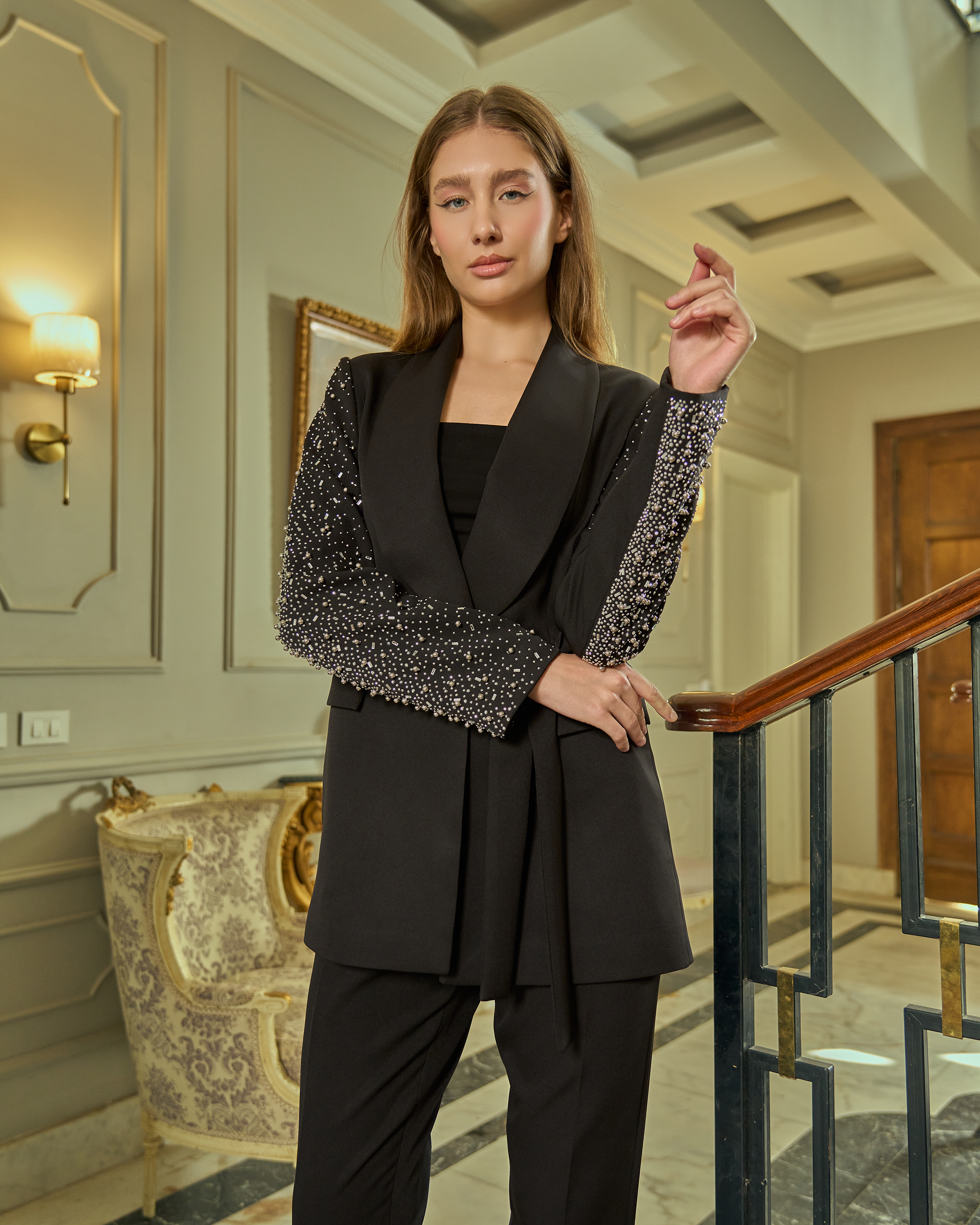 Crystalline Detail Belted Evening Suit — 10