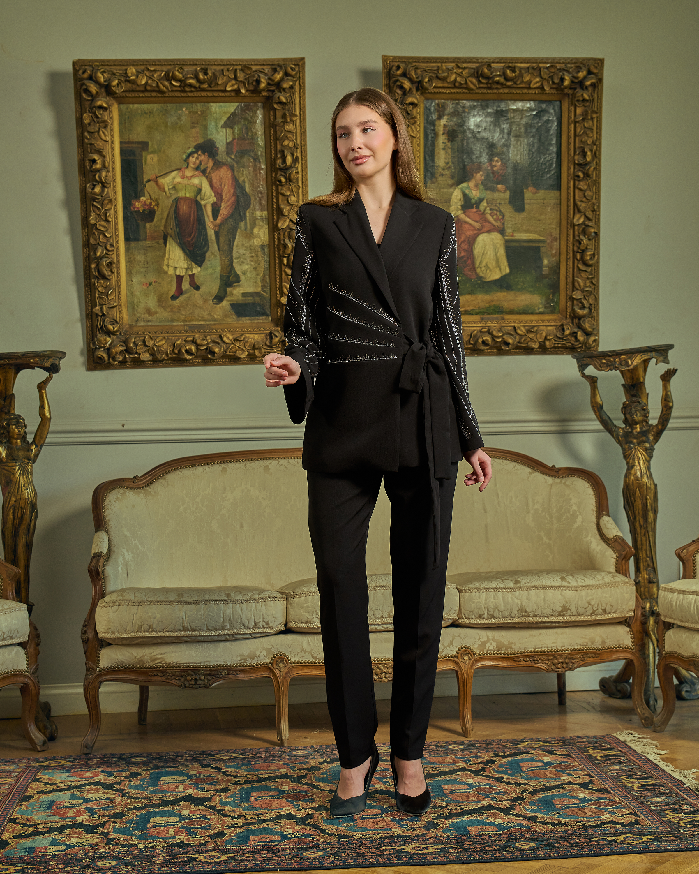 Embellished Geometric Detail Wrap Suit — 8