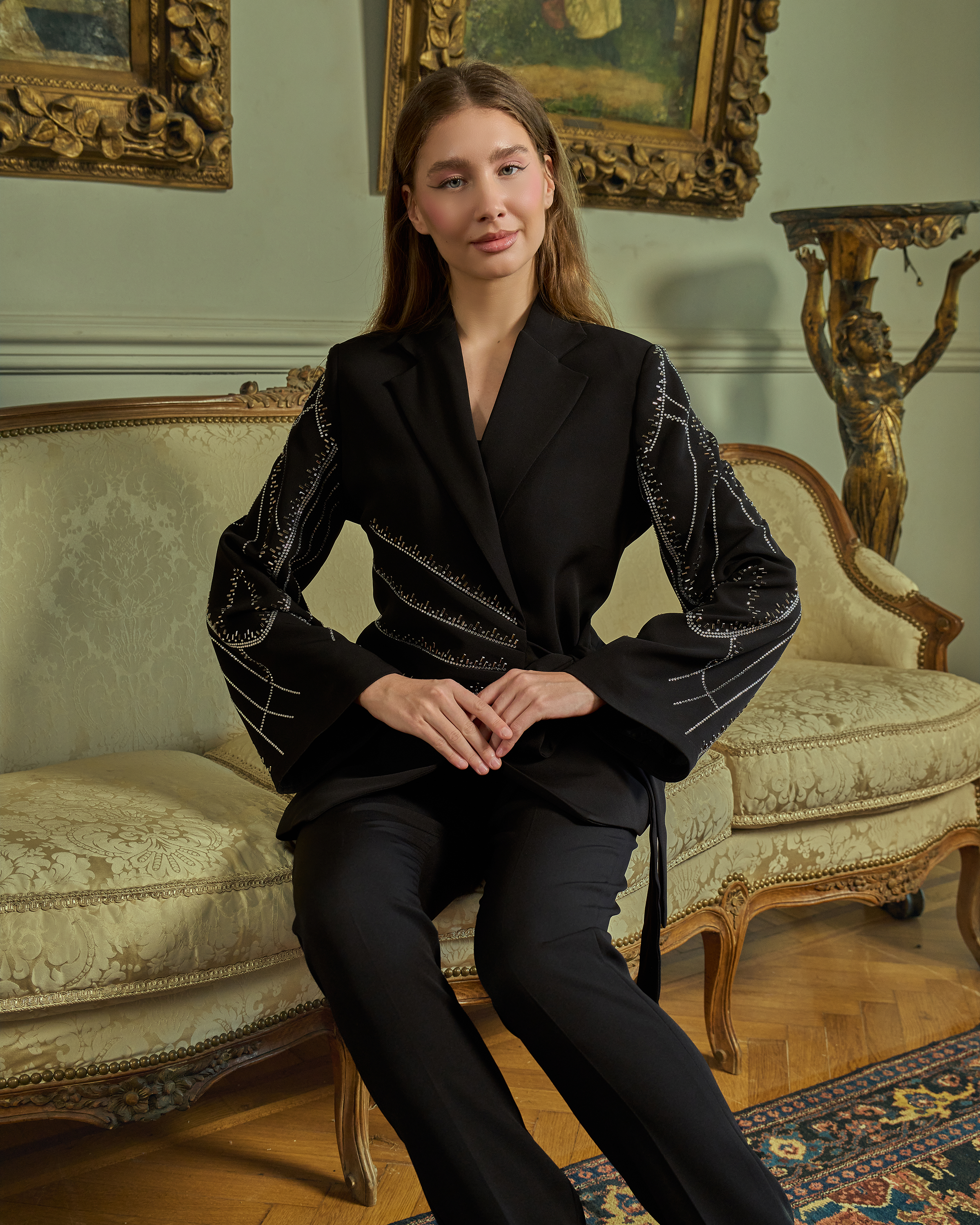 Embellished Geometric Detail Wrap Suit — 14