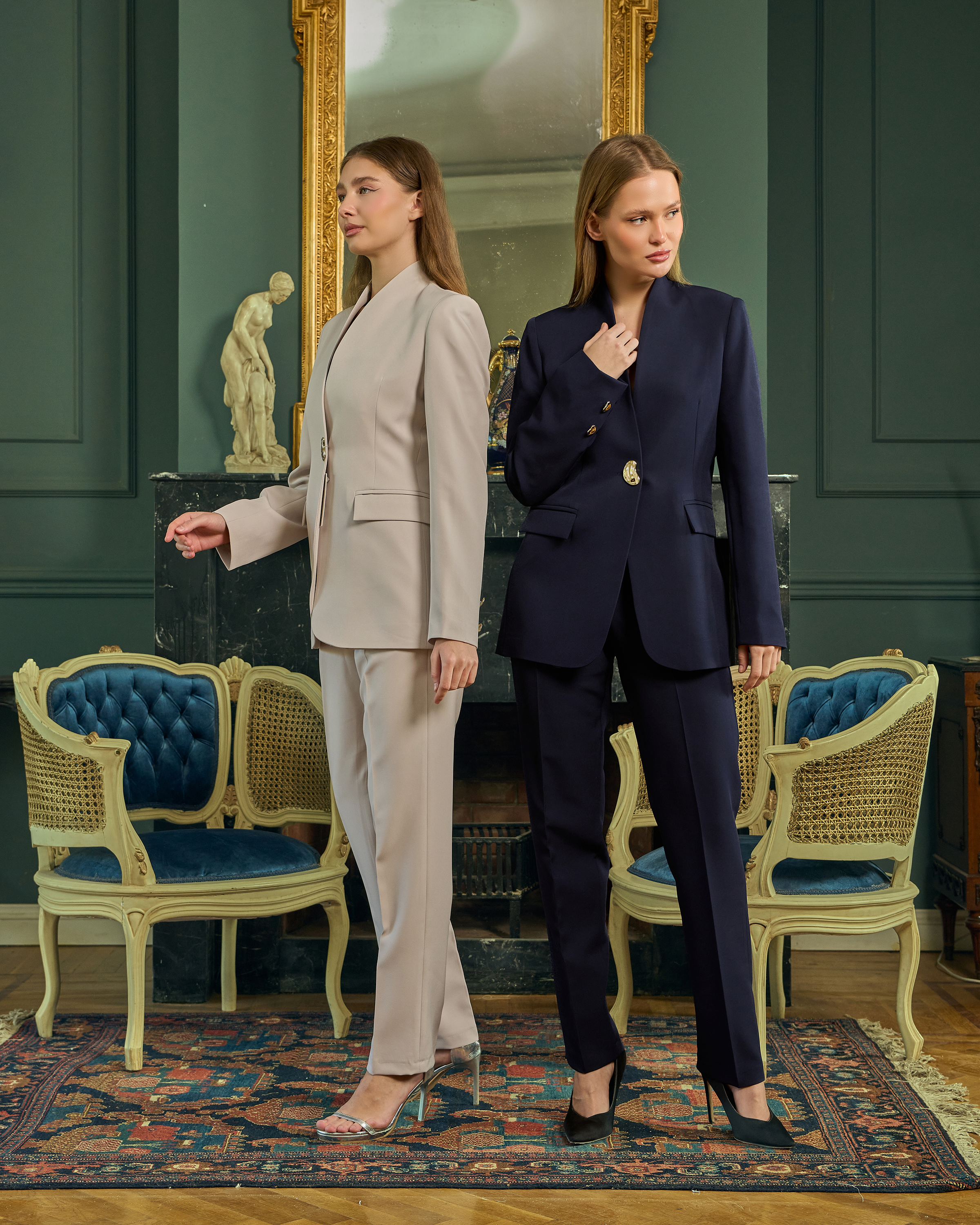 Sleek Mandarin-Style Collar Tailored Suit Set — 17