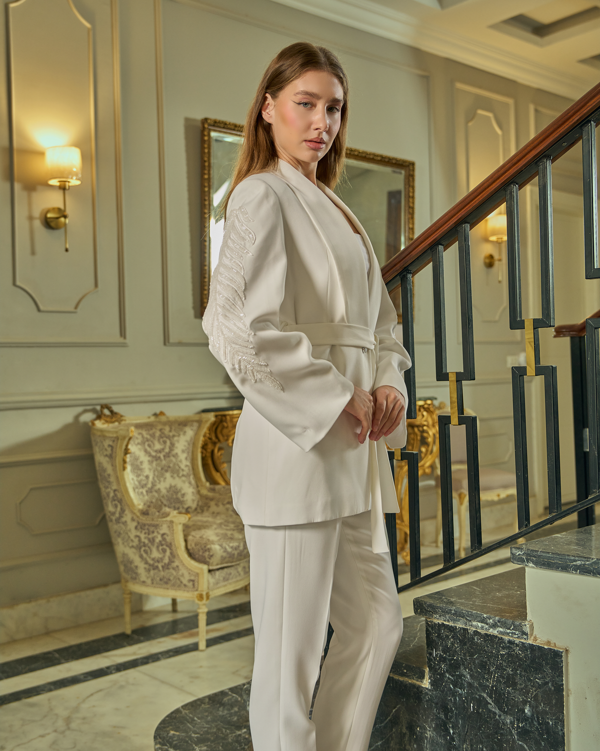 Embroidered Sleeve Belted Blazer Suit Set